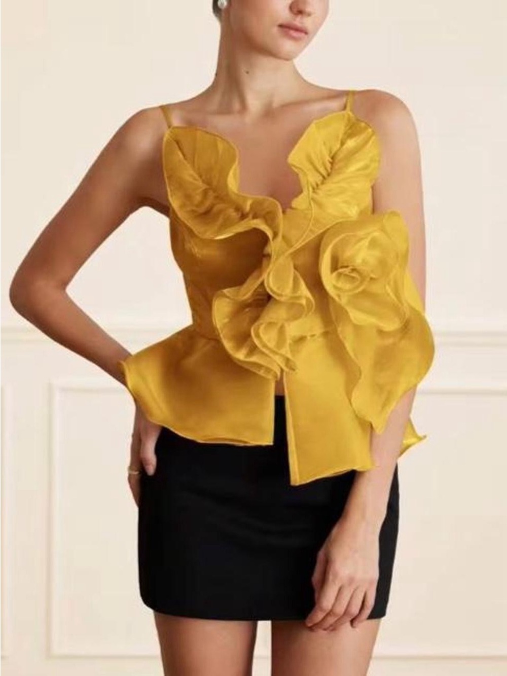 Yellow/gold Ruffle Organza Spaghetti Strap Top